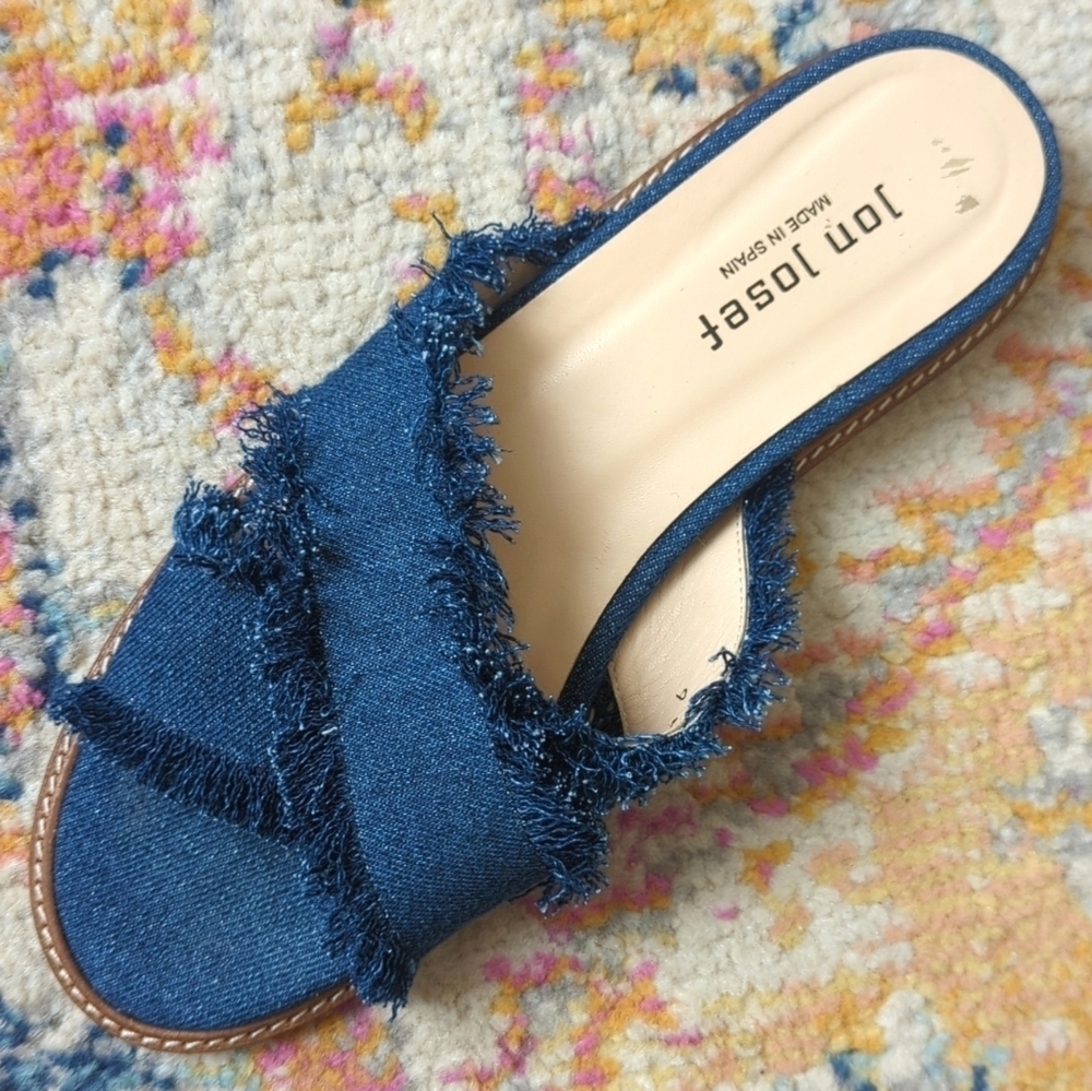Jon Josef Noble Dark Wash Denim Frayed Criss Cross Open Toe Slide Sandals 9 - Picture 8 of 15